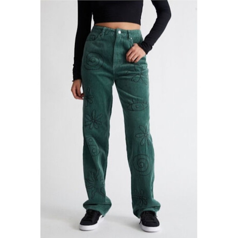 PacSun‎ Green Corduroy Pants Embroidered Flowers Swirls Eyes Y2K Style Sz 25